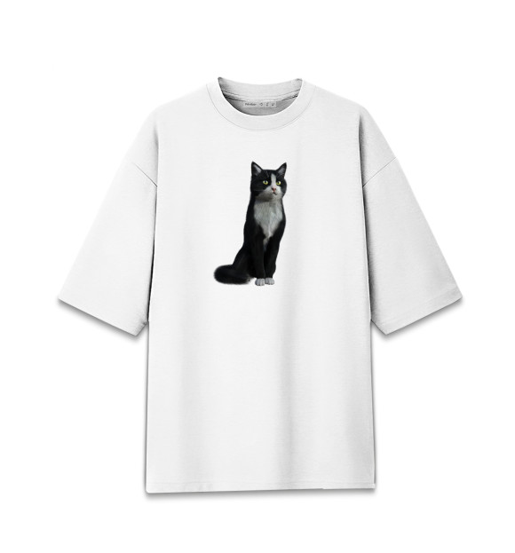 Мужская футболка оверсайз с притом Кот с манишкой цвета Белый Мужская футболка оверсайз с изображением Кот с манишкой цвета Белый