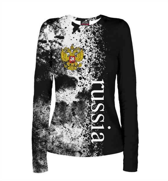 Женский лонгслив с притом Россия + ретро краски цвета Белый Женский лонгслив с изображением Россия + ретро краски цвета Белый