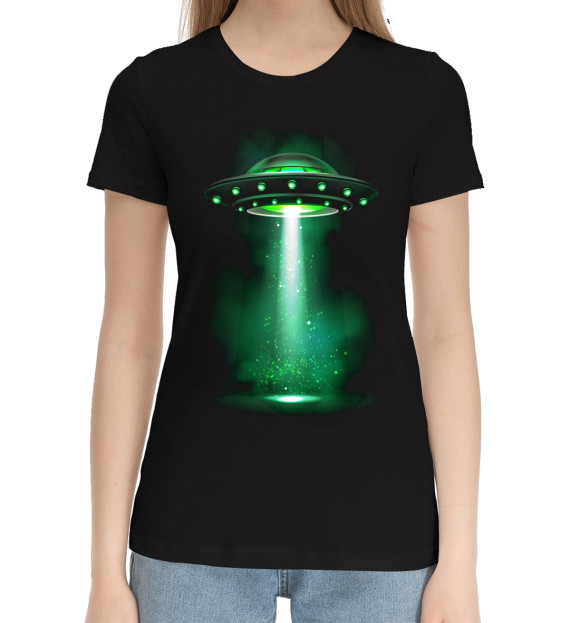 Женская хлопковая футболка с изображением НЛО цвета Черный