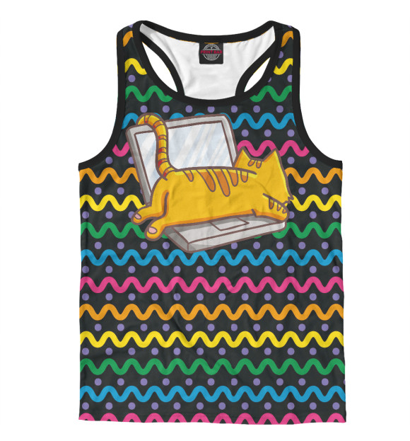 Мужская майка-борцовка с изображением Котик лежит на ноутбуке цвета Белый