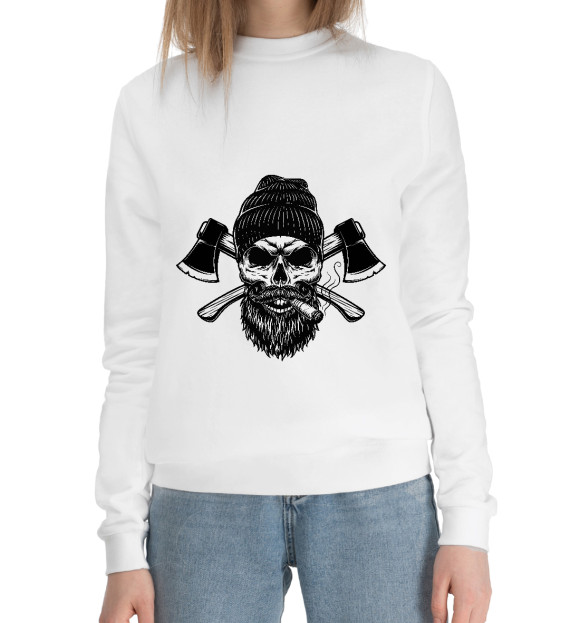 Женский хлопковый свитшот с изображением Череп брутального дровосека цвета Белый