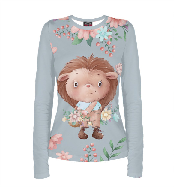 Женский лонгслив с притом Ежик с цветами цвета Белый Женский лонгслив с изображением Ежик с цветами цвета Белый