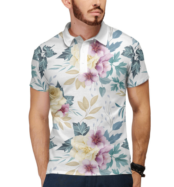 Мужское поло с изображением Розовые бутоны (паттерн) цвета Белый
