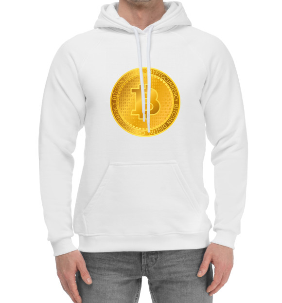 Мужской хлопковый худи с изображением Золотой Биткоин цвета Белый