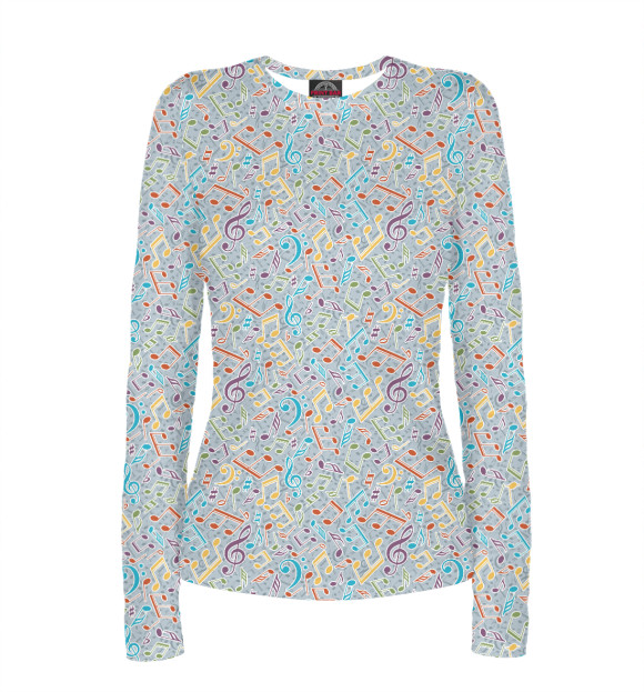 Женский лонгслив с притом Музыкальные ноты цвета Белый Женский лонгслив с изображением Музыкальные ноты цвета Белый