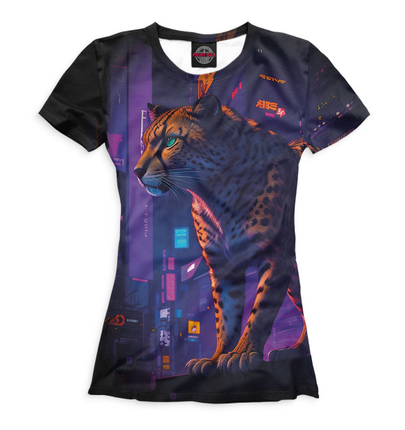 Футболка для девочек с изображением Гепард на фоне города цвета Белый