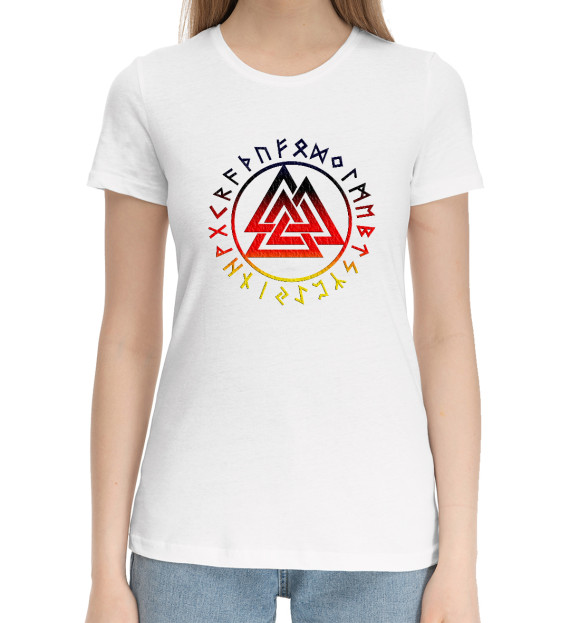 Женская хлопковая футболка с изображением Валькнут и руны цвета Белый