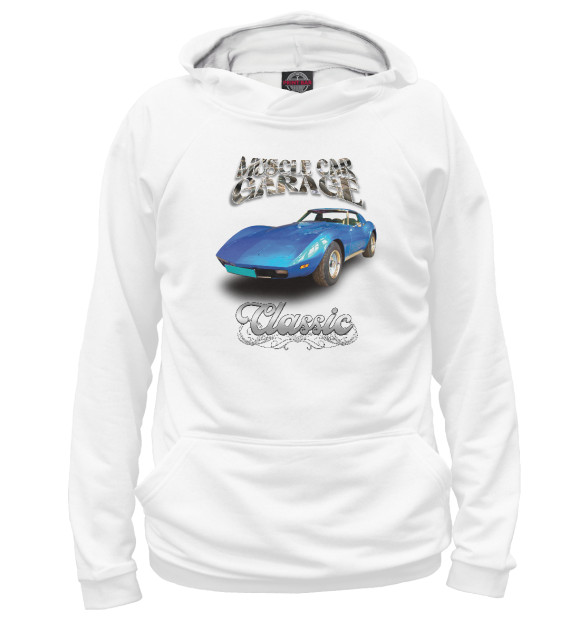 Мужское худи с изображением Синий масл-кар Corvette на белом цвета Белый