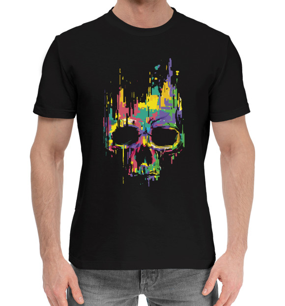 Мужская хлопковая футболка с изображением Glitch skull цвета Черный