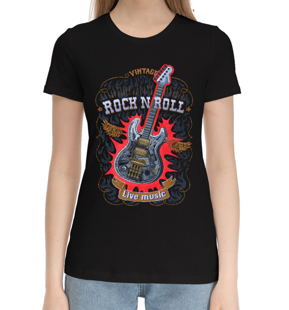 Женская хлопковая футболка с изображением Гитара стимпанк с надписью  rock n roll цвета Черный