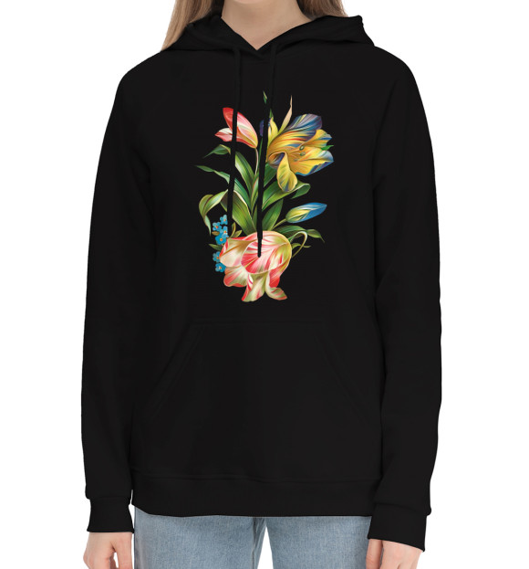 Женский хлопковый худи с изображением Красивые цветы цвета Черный