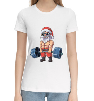 Хлопковая футболка для девочек Накаченный дед мороз со шта
