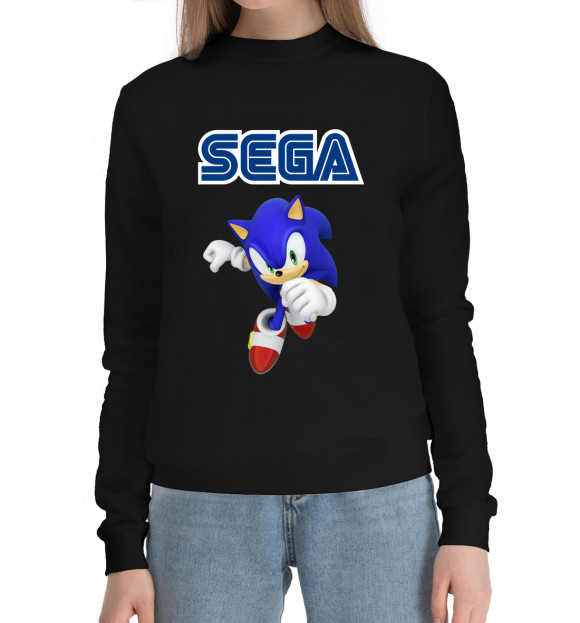 Женский хлопковый свитшот с изображением Соник Sega цвета Черный