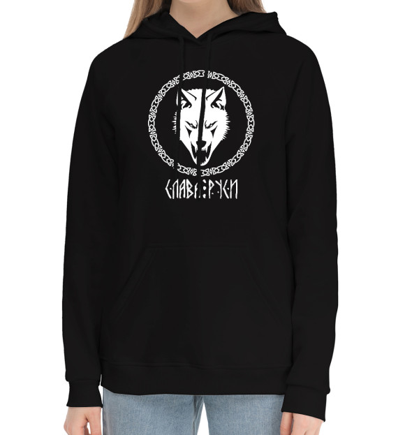 Женский хлопковый худи с изображением Слава Руси цвета Черный