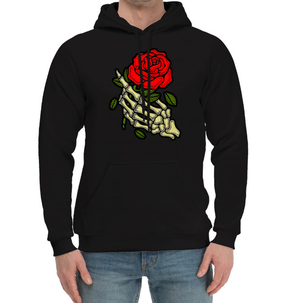 Мужской хлопковый худи с притом Роза в руке цвета Черный Мужской хлопковый худи с изображением Роза в руке цвета Черный