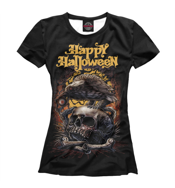 Женская футболка с изображением Черный ворон на Хэллоуин цвета Белый