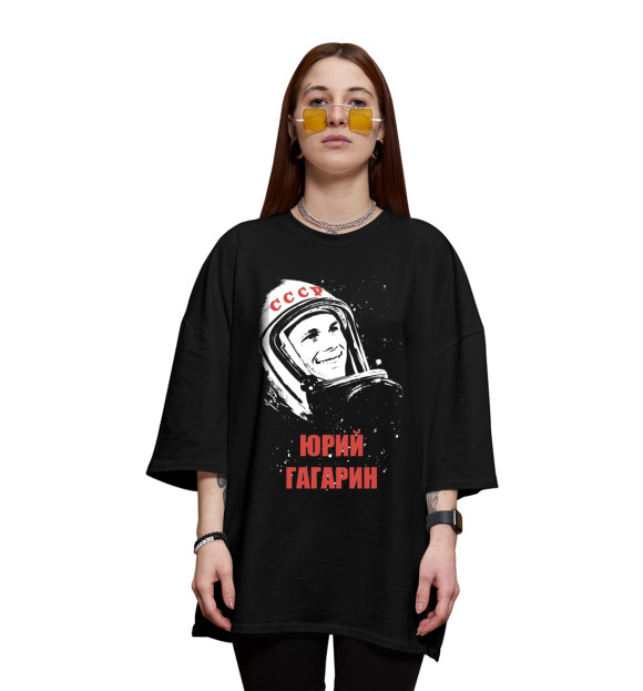 Женская футболка оверсайз с изображением Юрий Гагарин цвета Черный