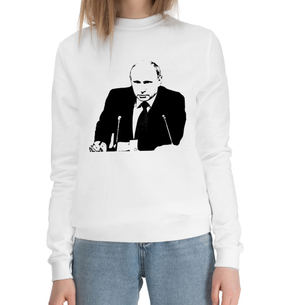 Женский хлопковый свитшот с изображением Путин цвета Белый