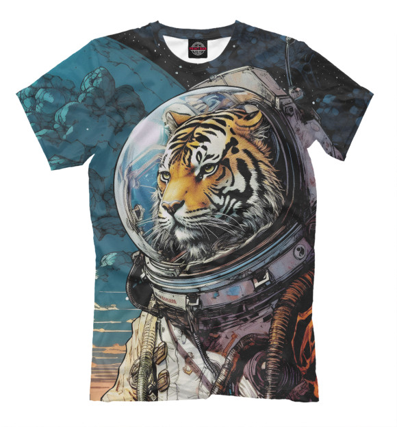 Мужская футболка с изображением Тигр космонавт на далекой планете цвета Белый