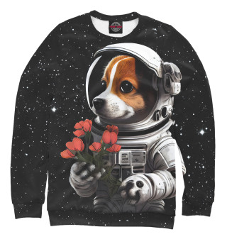 Свитшот для девочек Щенок космонавт с тюльпанами