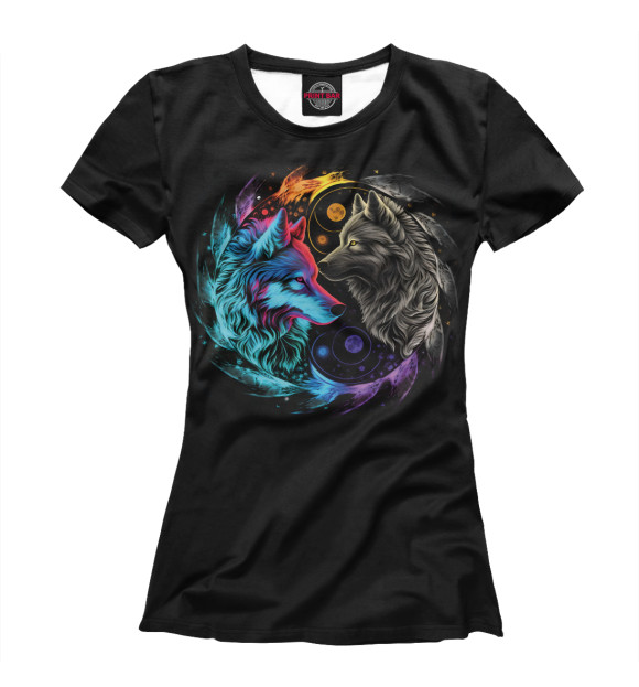Женская футболка с изображением Инь-янь неоновые волки цвета Белый