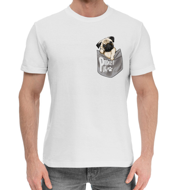 Мужская хлопковая футболка с изображением Мопс в кармане цвета Белый