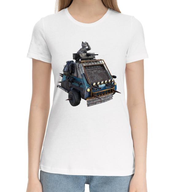 Женская хлопковая футболка с изображением Кот на Танке цвета Белый