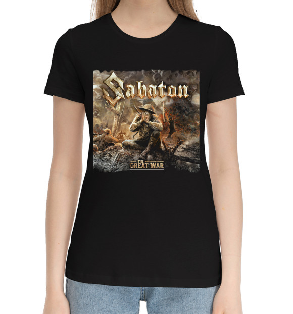 Женская хлопковая футболка с притом Sabaton цвета Черный Женская хлопковая футболка с изображением Sabaton цвета Черный
