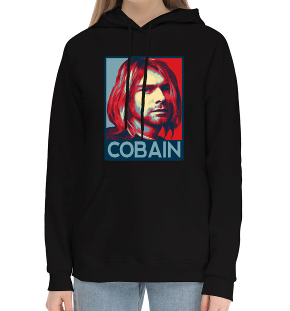 Женский хлопковый худи с изображением Kurt Cobain (Nirvana) цвета Черный