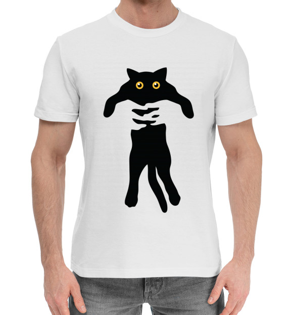 Мужская хлопковая футболка с изображением Кот в руках цвета Белый