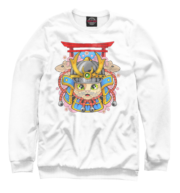 Свитшот для девочек с изображением Кот самурай цвета Белый