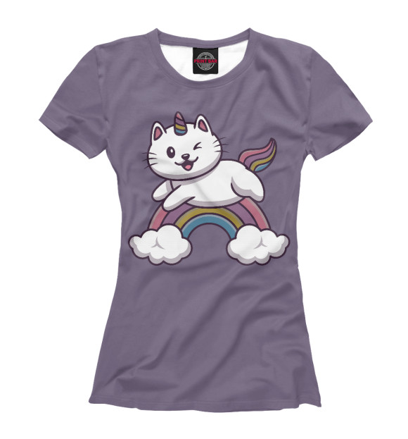 Женская футболка с изображением Кот-единорог на радуше цвета Белый