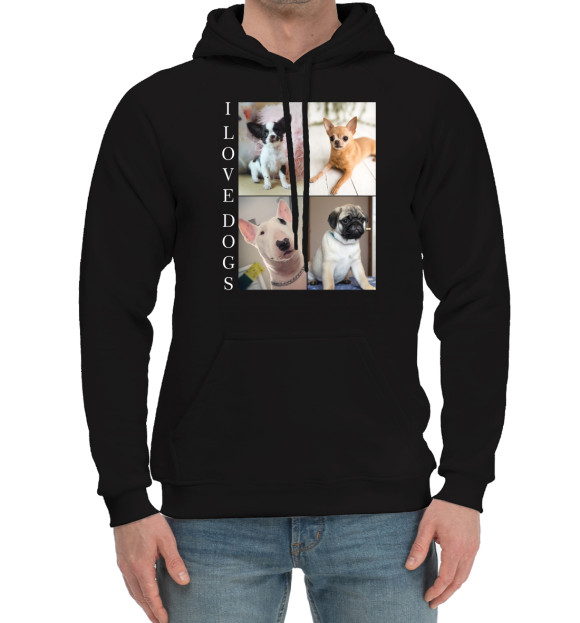 Мужской хлопковый худи с изображением I love dogs цвета Черный