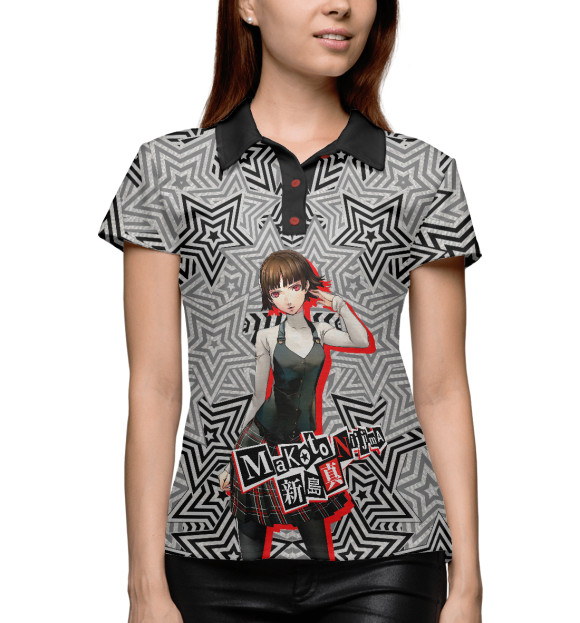 Женское поло с притом Persona 5 - Макото цвета Белый Женское поло с изображением Persona 5 - Макото цвета Белый