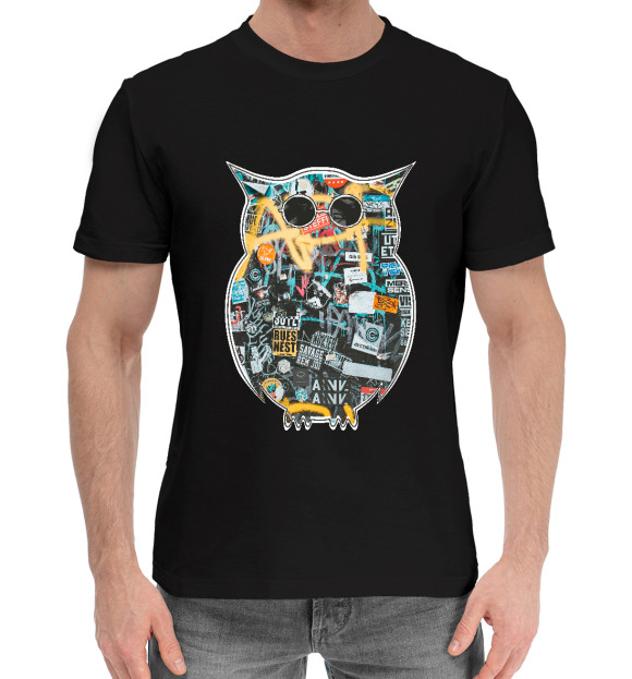 Мужская хлопковая футболка с изображением Граффити сова цвета Черный