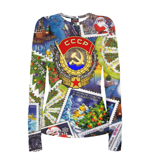 Женский лонгслив с изображением Новый год в СССР цвета Белый