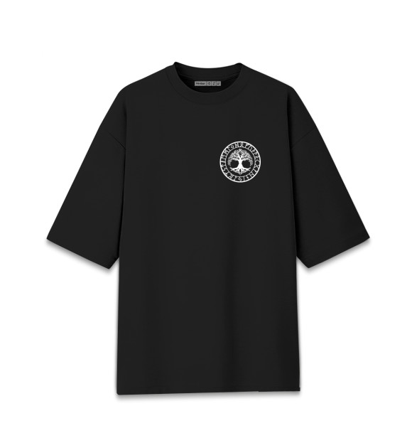 Женская футболка оверсайз с притом Дерево Иггдрасиль в рунах цвета Черный Женская футболка оверсайз с изображением Дерево Иггдрасиль в рунах цвета Черный