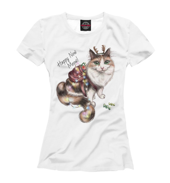 Футболка для девочек с изображением Happy New Meow! цвета Белый