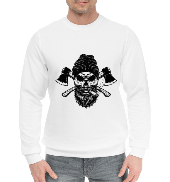 Мужской хлопковый свитшот с изображением Череп брутального дровосека цвета Белый