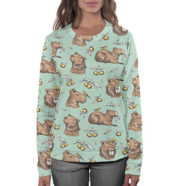 Женский свитшот с изображением Капибара с ягодами цвета Белый