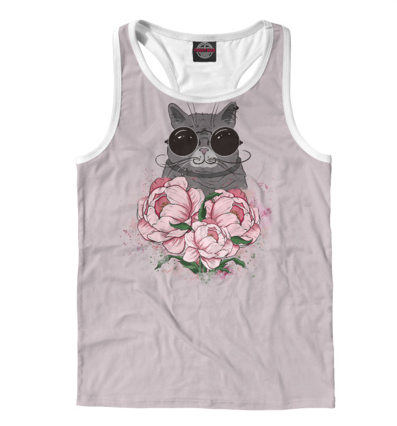 Мужская майка-борцовка с изображением Кота очках с пионами цвета Белый