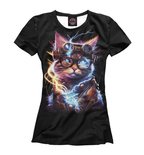 Женская футболка с изображением Электрический кот стимпанк цвета Белый