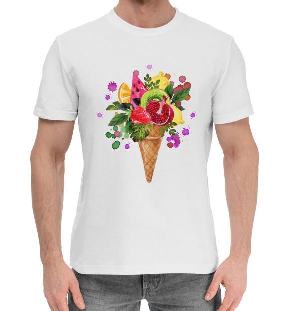 Мужская хлопковая футболка с изображением Мороженка из фруктов цвета Белый