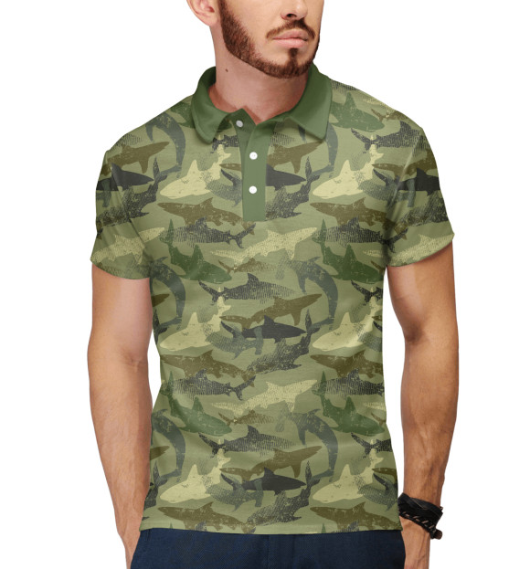 Мужское поло с изображением Акулы (камуфляж) цвета Белый