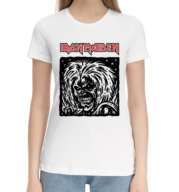 Женская хлопковая футболка с притом Iron Maiden цвета Белый Женская хлопковая футболка с изображением Iron Maiden цвета Белый