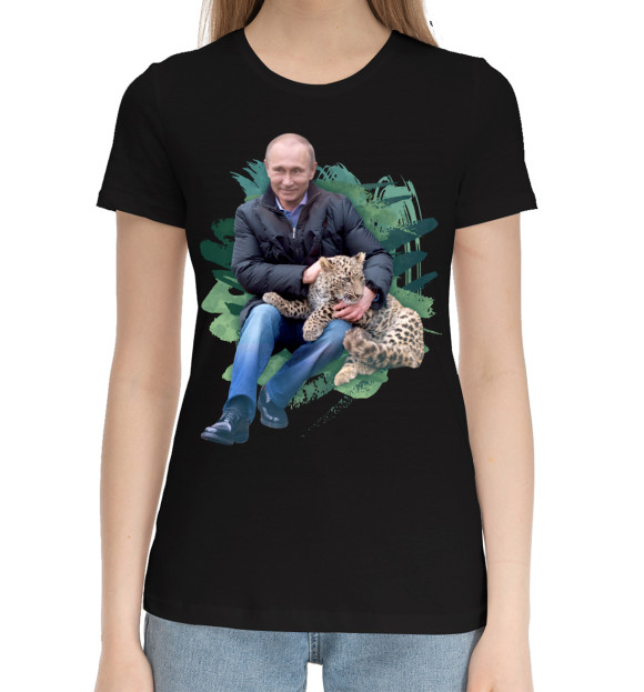 Женская хлопковая футболка с изображением Путин цвета Черный