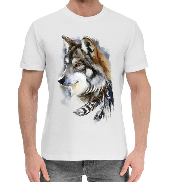 Мужская хлопковая футболка с изображением Волк с пером цвета Белый