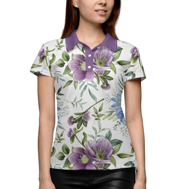 Женское поло с изображением Акварельный букет цвета Белый