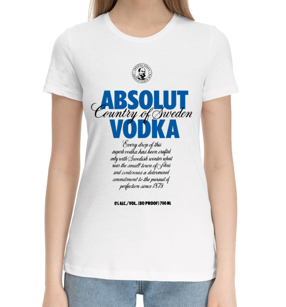 Женская хлопковая футболка с изображением Absolut vodka 0% цвета Белый