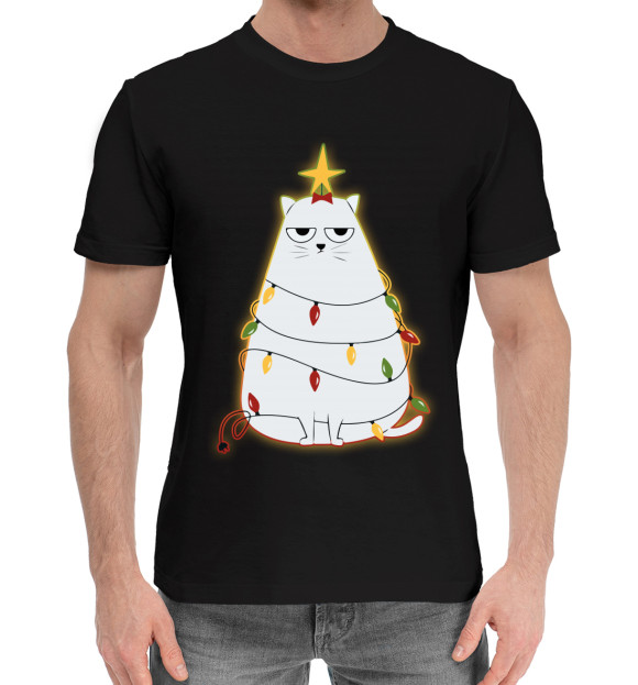 Мужская хлопковая футболка с изображением Cute christmas cat цвета Черный